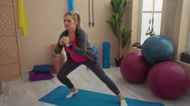 Spor salonunda spor salonunda spor topları ve direniş bantları gibi ekipmanlarla egzersiz yapan, günlük spor giysileri giyen, spor salonundaki spor ortamında spor yapan bir kadın..