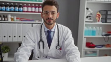 Laboratuvar önlüğü ve steteskop giymiş, sağlık ekipmanları ve renkli şişelerle dolu raflarla çevrili kendine güvenen bir erkek doktor..