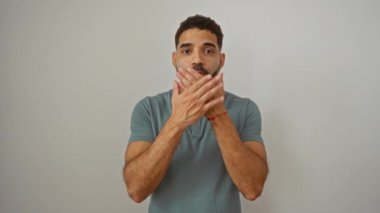 Şok olmuş genç İspanyol bir adam elleri ile bir hata yaptığı için ağzını kapatıyor, beyaz arka planda izole edilmiş, gizli ve mahcup bir ifade.