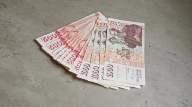 İzlanda Krona banknotları, gri taşlı arka planlı İzlanda 'dan gelen somut bir yüzey sergilenen para, finans, tasarruf ve ekonomi üzerine kurulmuştur..