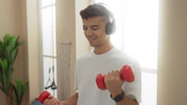 Genç İspanyol adam, modern bir spor salonunda kulaklık takıyor ve dambılları kaldırıyor. Parlak ışıklandırmalı. Bir spor merkezinde spor yapma ve rahatlama hissi veriyor..