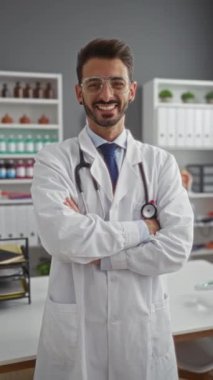 Klinikte gözlüklü ve steteskoplu gülümseyen genç erkek doktor tıbbi rafların ve ofis malzemelerinin önünde kollarını kavuşturdu..