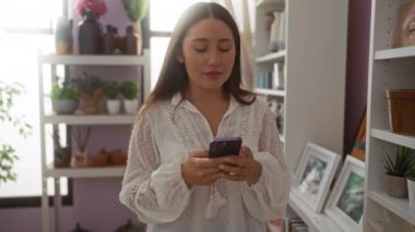 Genç esmer kadın güzel dekore edilmiş bir ev dekorasyonu dükkanından alışveriş yapıyor, akıllı telefonu ile çeşitli parçaları analiz ediyor..