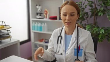 Klinikteki kadın doktor, arka planda tıbbi ekipmanlarla içeride profesyonel sağlık çalışanı çevresi hakkında konuşuyor..