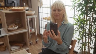 Kadın, arka planda ekmek rafları olan rahat bir fırının içinde akıllı telefonuyla video görüşmesi yapıyor..