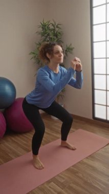 Evde egzersiz yapan, yoga minderinde çömelen, parlak bir spor salonunda tek başına spor kıyafetleri giyen, spor toplarıyla çevrili spor yapan, sağlık ve denge eğitimi alan bir kadın..