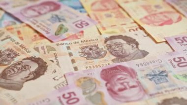 Meksika pezosu banknotları yayılmış, çeşitli değerler ve canlı para birimi tasarımları sergiliyor, Meksika 'nın finansal ve ekonomik temasını vurguluyor.