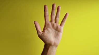 Parlak sarı arka planda farklı parmak hareketlerini gösteren el hareketleri çeşitli el ifadelerini vurguluyor..