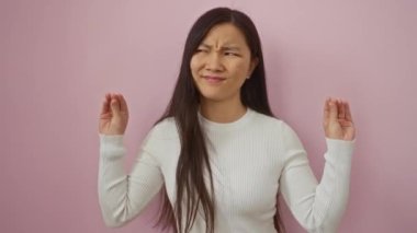 Beyaz bir kazakla pembe bir arka plana karşı hayal kırıklığını ifade eden bir kadın. Görsel iletişim için duygu ve jestler sergiliyor..