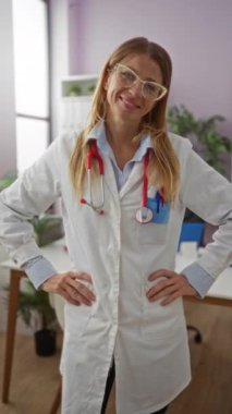 Modern klinikte steteskop ve gözlüklerle güvenle gülümseyen kadın doktor, profesyonel sağlık hizmetlerini ön plana çıkarıyor..