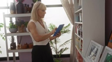 Etrafı bitki ve raflarla çevrili bir ev dekorasyonu mağazasında tablet kullanan kadın, olgun bir kadın dekoratif eşyalar keşfediyor..