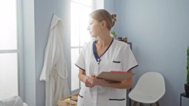 Bir kadın klinik odasında gülümsüyor ve gözlükleri kaldırıyor. Pano takıyor, üniforma giyiyor, profesyonel görünüyor. Camdan içeri güneş ışığı giriyor..
