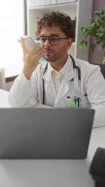 Klinikteki genç İspanyol doktor içeride çalışırken sesli mesaj yolluyor. Boynunda steteskopla dizüstü bilgisayar ve gözlük takıyor..