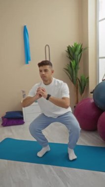 Spor salonunda yoga minderi ve spor malzemeleriyle egzersiz yapan, çömelmeye odaklanan ve günlük spor kıyafetleri giyen genç bir adam..