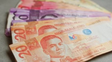 Çeşitli mezheplerden Filipin banknotları beton bir yüzeye yayılmış canlı renkler ve tarihsel figürlerin detaylı baskılarını sergiliyor..