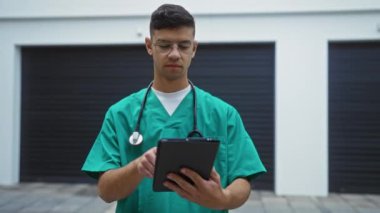 Genç erkek doktor yeşil önlük ve gözlük takarak şehir sokağında dikiliyor. Odaklanma ve konsantrasyonla dijital tablet kullanıyor.