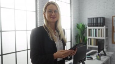 Ofiste elinde tabletle gülümseyen, elini sıkmak isteyen, arka planda parlak pencereler ve ofis mobilyaları olan bir kadın, modern profesyonel bir ortam sergiliyor..