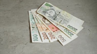 2000, 500, 200 ve 100 Koruna 'nın da aralarında olduğu Çek banknotları somut bir yüzeye serilmiş, para birimi detayları ve Czech cumhuriyetinin tasarımları vurgulanmıştır..