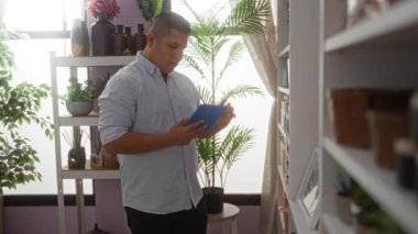 Genç İspanyol bir adam elinde mavi bir tabletle dekorasyon atölyesine göz gezdirirken arka planda çeşitli dekoratif eşyalar ve uzun bitkilerle dolu rafların yanında duruyordu.