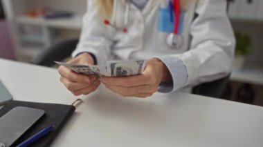 Modern bir klinikte tıbbi ekipman ve steteskopla para sayan kadın doktor, para birimi detaylarına odaklanmış mali sağlık temalarını gözler önüne seriyor.