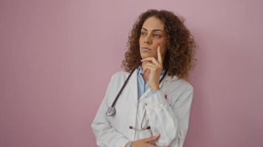 Kıvırcık saçlı ve steteskoplu düşünceli kadın doktor izole ortamda pembe arka plana karşı duruyor..