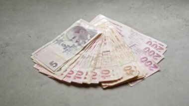 Beton bir yüzeye yayılmış 5, 10, 50 ve 200 liradan oluşan Türk banknotları, Türkiye 'nin para birimini çeşitli miktarlarda ve koşullarda temsil ediyor..