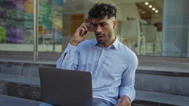 Dışarıda sakallı, dizüstü bilgisayar kullanan ve şehir merkezinde telefonla konuşan genç bir İspanyol.