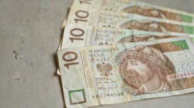 Polonya bankasının polski banknotlarından alınan, 10 zloti değerindeki banknotlar, somut bir yüzeye serilmiş, Polonya 'dan gelen para biriminin ayrıntılarını gözler önüne seriyor..