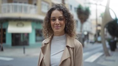 Kentsel şehirde güvenli bir şekilde gülümseyen kadın binaların arasında modern yaşam tarzını ve güzelliğini yansıtıyor..