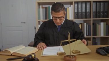 Genç bir adam hukuk belgelerini okuyor. Gözlük takıyor ve siyah bir bornoz giyiyor. Masasında oturmuş hukuki teraziler, bir bilgisayar klavyesi ve tokmak var.