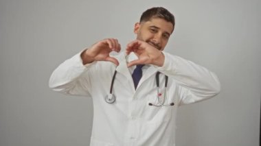 Doktor gülümseyen adam elleri beyaz arkaplan üzerinde kalp şekli yaratıyor. Klinik ortamda sevgi ve sağlık bağlılığını simgeliyor.