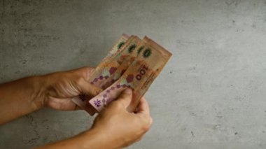 Arjantinli pezoları tutan ve sayan adam yakın plan çekimde el, parmak ve para detaylarını gösteriyor..