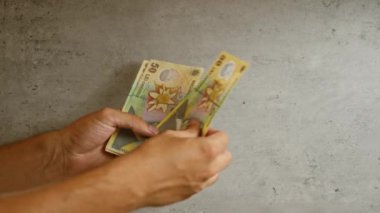 Elleri tutan Romen lei banknotları beton bir arka planda