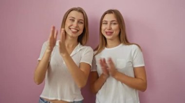 Gülümseyen ikiz kardeşler, pembe bir duvarın karşısında neşeyle kutluyorlar. Aile sevgisini ve mutluluğu somutlaştırıyorlar..