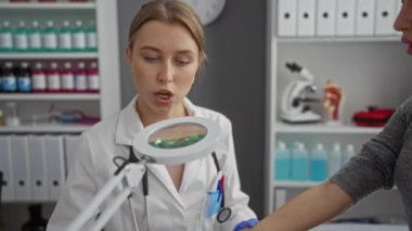 Doktor, klinikteki hasta kolunu odaklanmış bir şekilde muayene ediyor. Etkileşimi çevreleyen tıbbi ekipmanlarla birlikte klinik bir ayarı vurguluyor..