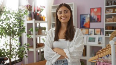 Bir dekor mağazasında arka planda bitki ve sanat raflarıyla gülümseyen genç bir kadın, beyaz giyinmiş ve kollarını kavuşturarak güvenle ayakta duruyor.