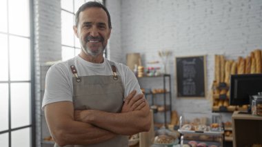 Fırında kolları çaprazlanmış gülümseyen olgun İspanyol bir adam. Ekmek sergisi önünde önlük takıyor. Kapalı alanda duruyor.