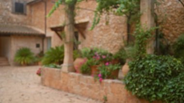 Mallorca 'daki açık hava sahnesinde yemyeşil bitkilerle dolu taştan bir ev ve Akdeniz atmosferini geliştiren terasotta saksılarında çiçekler vardı..