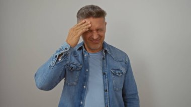 Alnını hüsran içinde tutan adam beyaz arka planda soyutlanmış, orta yaşlı, beyaz, çekici bir yetişkinin günlük mavi kot giydiğini gösteriyor..