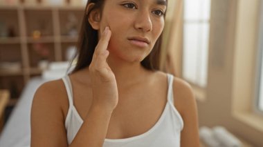 Bir spa salonunun sağlık odasında yüzüne dokunan esmer saçlı genç İspanyol kadın, kapalı alanda güzellik ve cilt endişeleri sergiliyor..