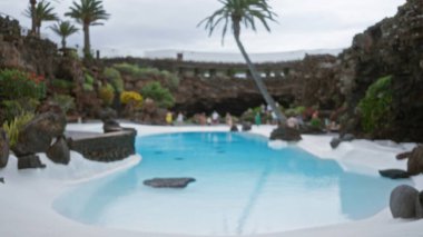 Dışardaki yüzme havuzunun bulanık görüntüsü. Palmiye ağaçları ve kaya oluşumları Lanzarote, İspanya 'da. Bokeh etkisi sergiliyor.