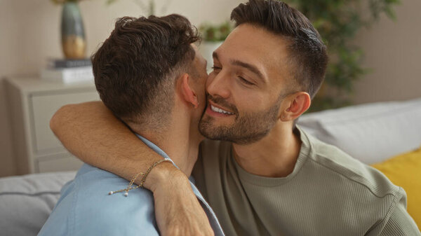 Man hugging his partner with love in a cozy apartment, showcasing a tender moment of a gay couple indoors.