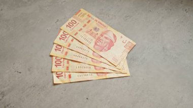 Meksika banknotlarının her biri 100 peso değerinde beton bir yüzeye yayılmış ve Meksika para biriminin detaylı tasarımını sergiliyor..