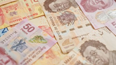 Meksika banknotları çeşitli banknotlar bir yüzey üzerine dağılmış renkli Meksika pesoları sergilenen karmaşık tasarımlar ve tarihsel figürler.