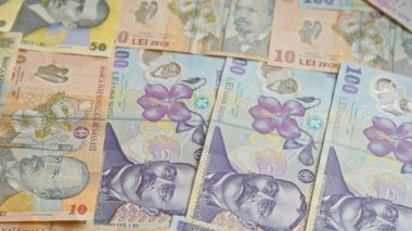 10, 50 ve 100 ley 'lik banknotlar da dahil olmak üzere Romanya banknotları, canlı renkler ve tarihi figürler sergiliyor.