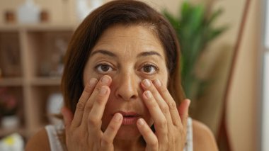 Endişeli bir bakışla bir sağlık merkezinde yüzünü muayene eden bir kadın. İç mekanda cilt bakımını ve güzellik tedavisini vurguluyor.