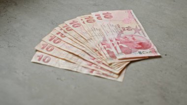 Türkiye 'nin mali konsept geçmişi için somut bir zemin üzerine kurulmuş on liralık banknotları.