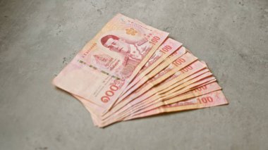 Tayland banknotları düzgün bir şekilde bir beton zemine saçılmış, Tayland 'ın para birimini ayrıntılı bir şekilde gözler önüne sermiş, 100 baht banknotunu belirgin bir şekilde vurguluyor..