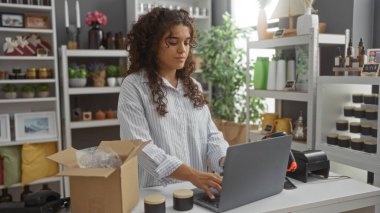 Dizüstü bilgisayarda çalışan genç bir kadın, çeşitli dekorasyon ve bitkilerle donatılmış bir ev dekoratöründe çalışıyor.