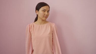 Pembe elbiseli güzel bir Asyalı kadın pembe arka planda duruyor, sakin ve dengeli bir tavırla zarafet ve stil sergiliyor..